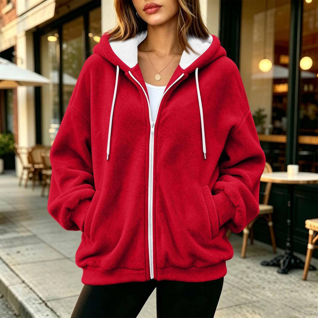 Sweat à capuche zippé pour femme, manches longues, coupe ample, veste décontractée de couleur