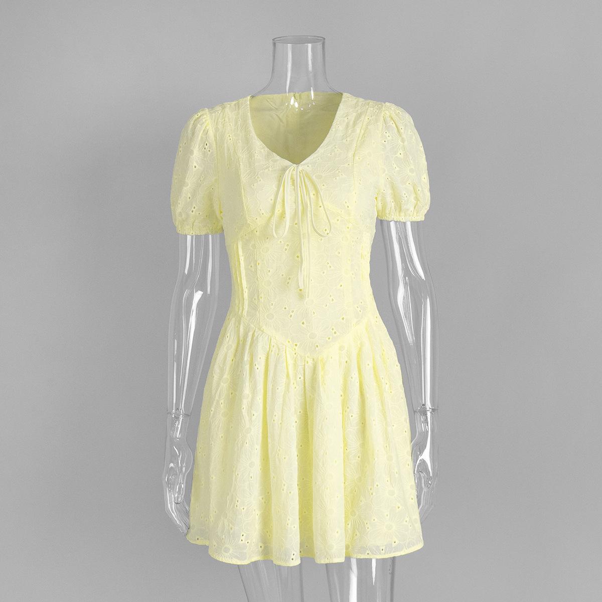 

100% Cotton Yellow Dress, New Summer Style, Waist-Cinching, Strapless, Sexy Embroidered Short Dress L