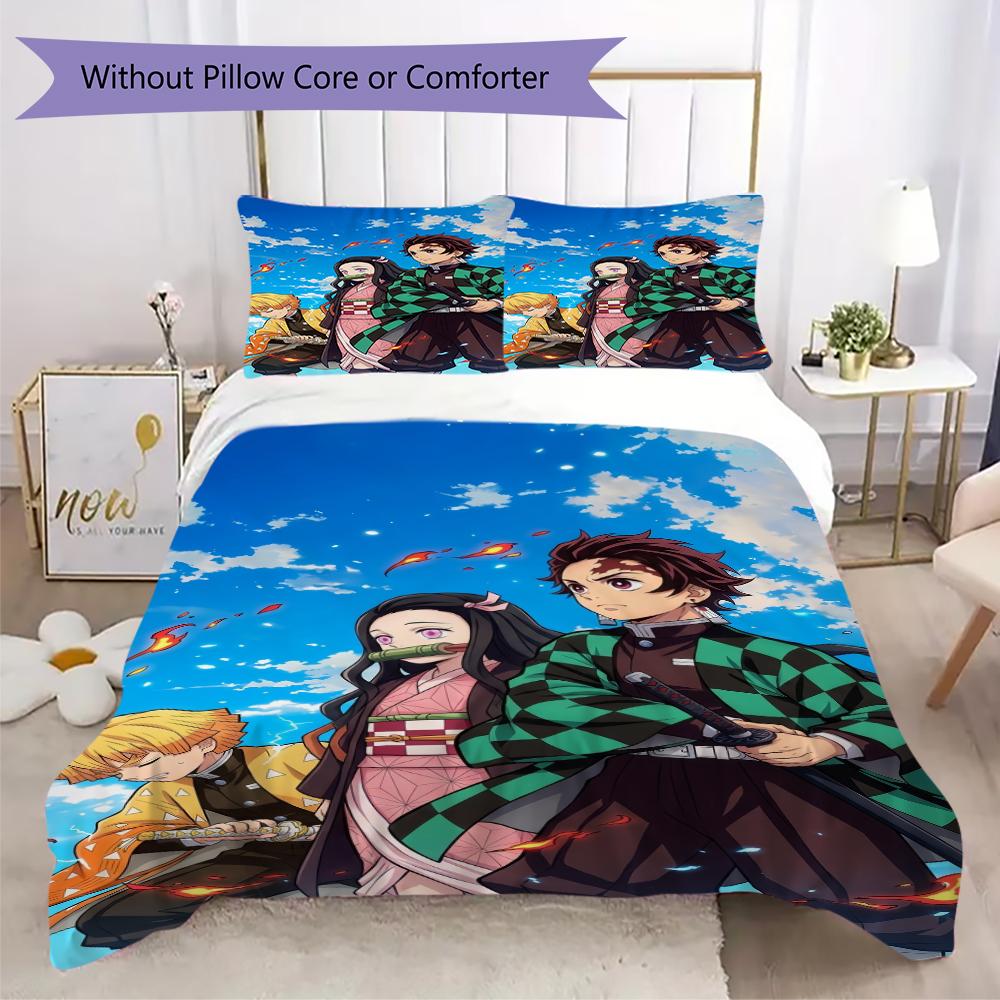 Demon Slayer Patterned Pillowcase & Duvet Cover Set Beautiful Anime Bedding Decor Ideal Gift for Anime Fans.-Xin
