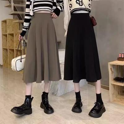 Women's Black A-Line Pleated Skirt: High Waist, Medium Length, Hip-Covering, Small Size, New Spring Style.