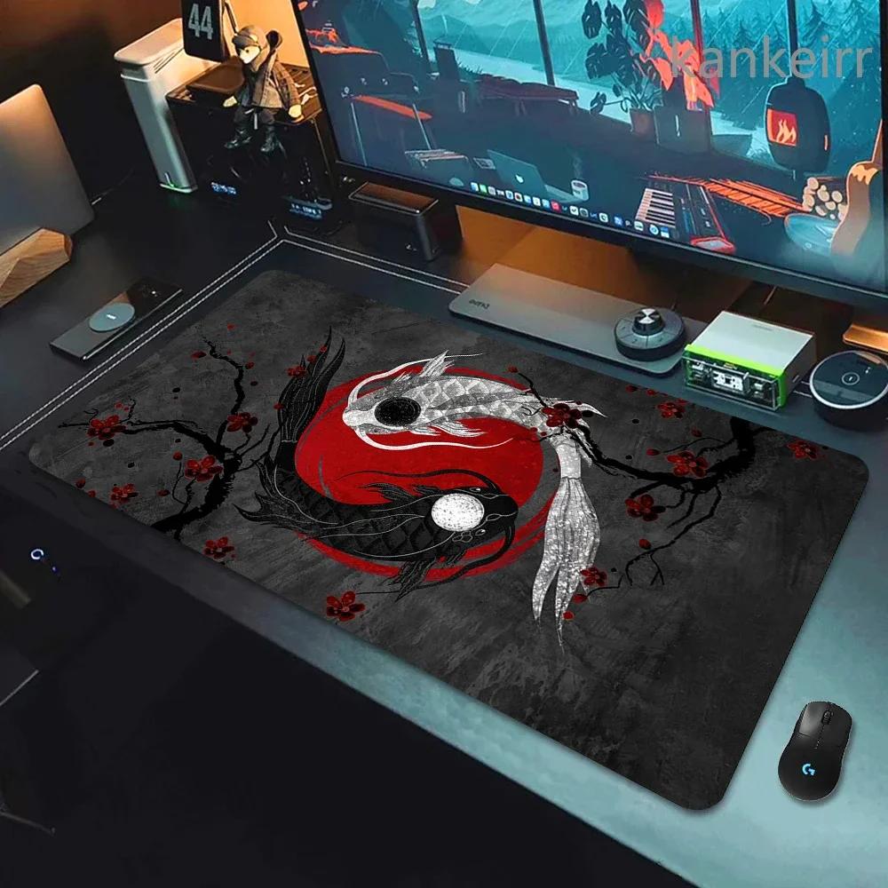 Koi Yinyang Black and White Mouse Pad Large Mausepad XL Deskmat Gray Keyboard Mouse Mat 1000x500 Carpet Extended Pads for Office