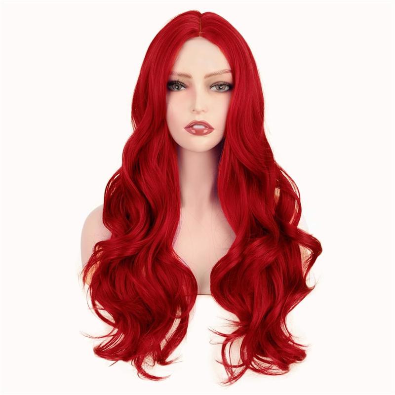 Synthetic Long Red Mermaid Wig for Women Natural Looking Curly Wavy Hair Wigs for Daily Party Use Heat Resistant Fiber