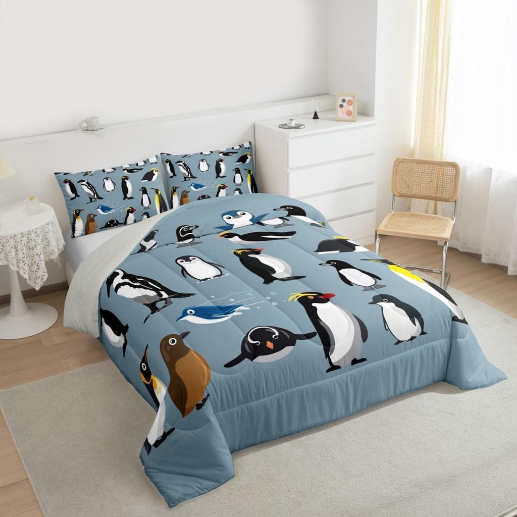 Erosebridal Penguins Bedding Set for Boys Young,Antarctica Animals Wildlife Comforter Set for Kids Man,Cartoon Little Penguins Quilted Duvet