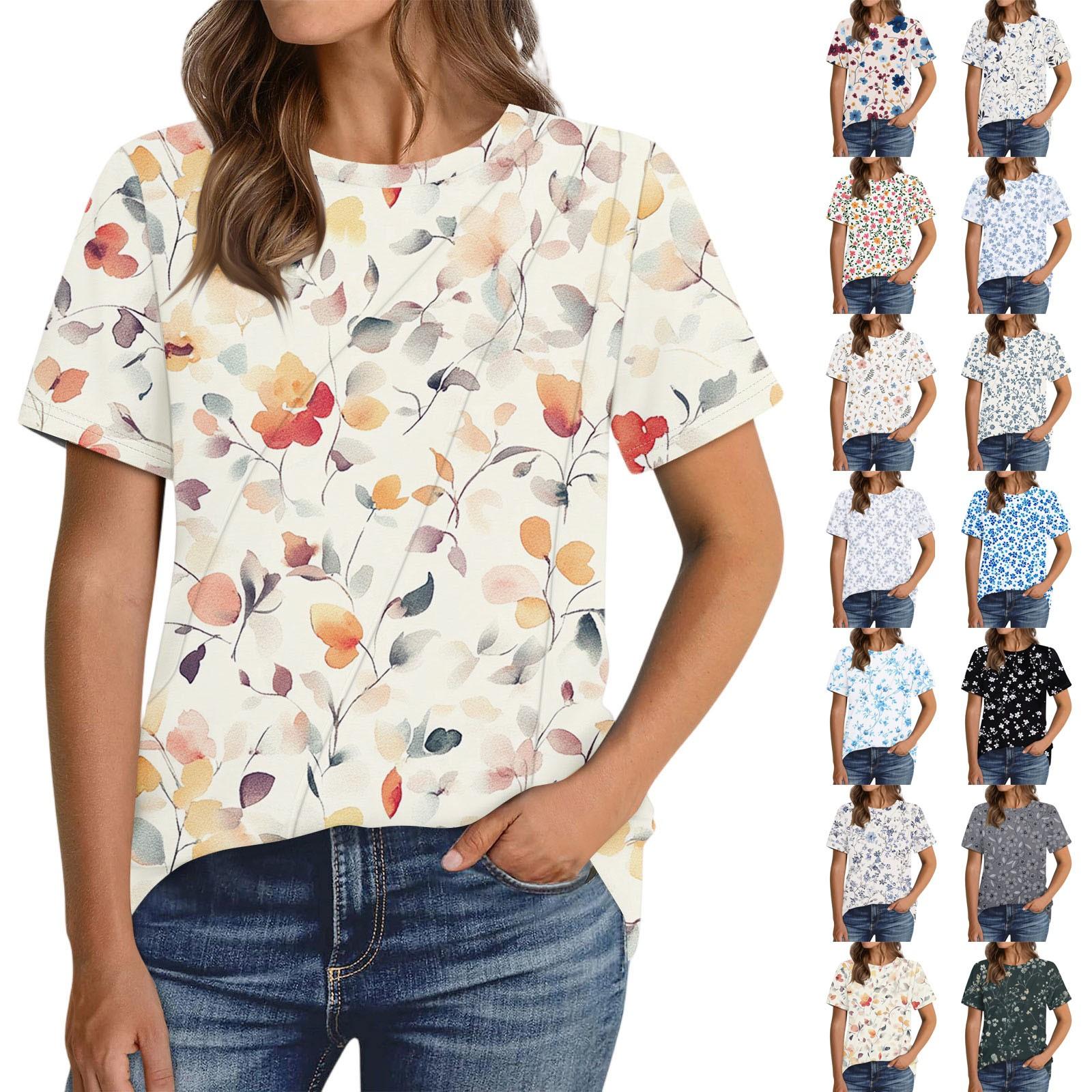 

Women s Fashion Casual Floral Print Pullover Short Sleeve Top M