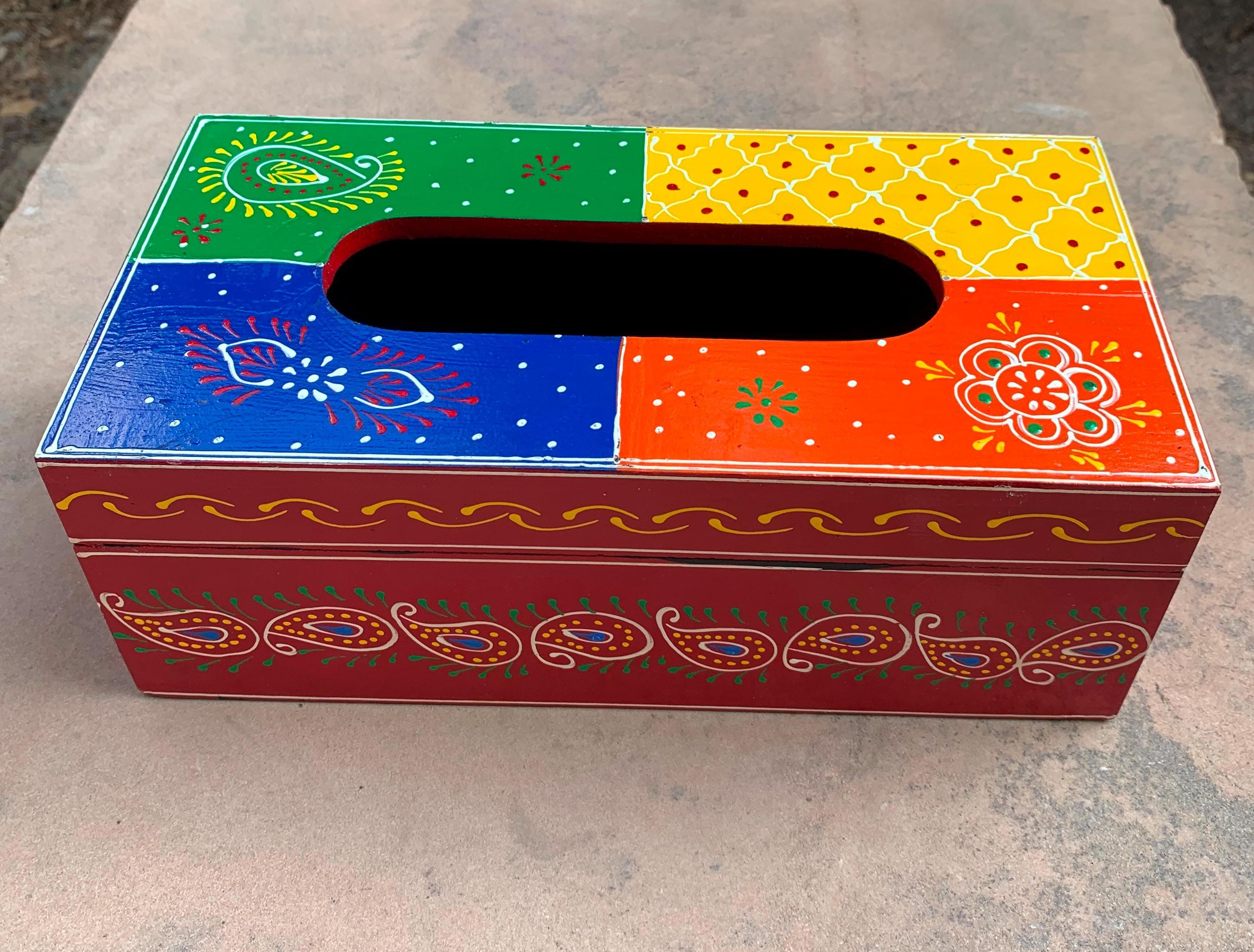 

Colorful Hand Painted Wooden Tissue Box : Indian Folk Art Tissue Holder 16” X 8” X 24” (l x w x h) разноцветный