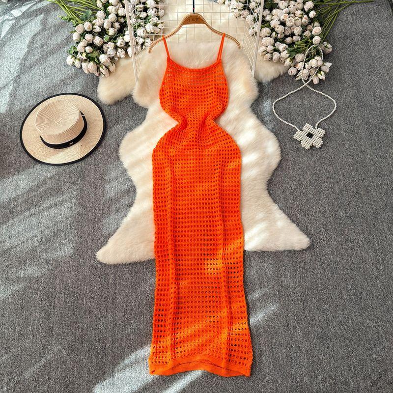 

Bohemia Seaside Holiday Hollow Backless Spaghetti Straps Knitted Dress Women s High Waist Slim Looking Travel Beach Long Dress Orange All yards