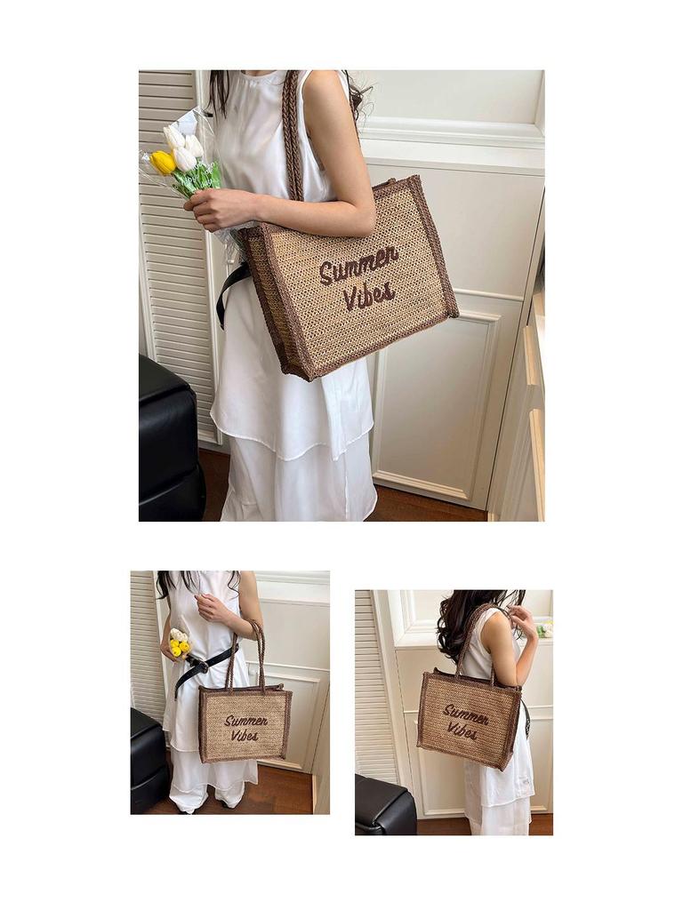 Women's Large Capacity South Wind Chic Straw Woven Tote Bag with Embroidered Letters