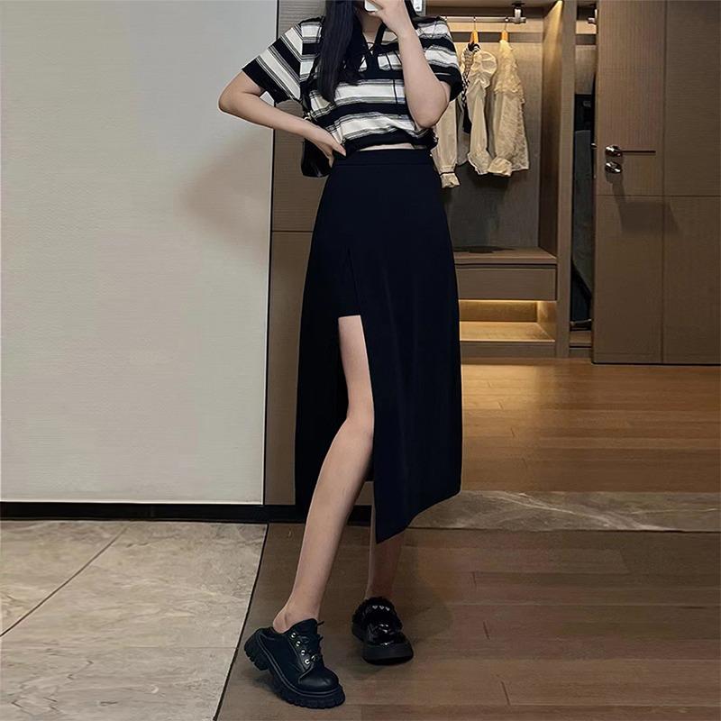 Women's Plus Size Black A-line Midi Skirt - High Waist, Slit, Slimming, Summer Fashion