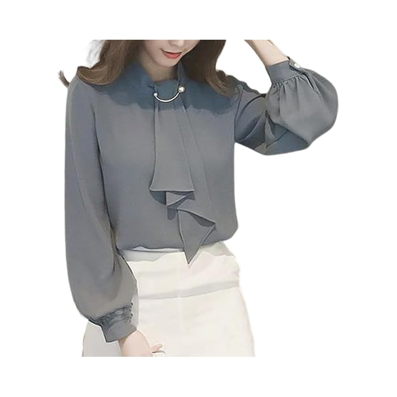 

[xppe] long sleeve shirt blouse ladies V-neck tops Plain color Refreshing with ribbon office Dress slimmer casual chiffon Relaxing Fashionable commute