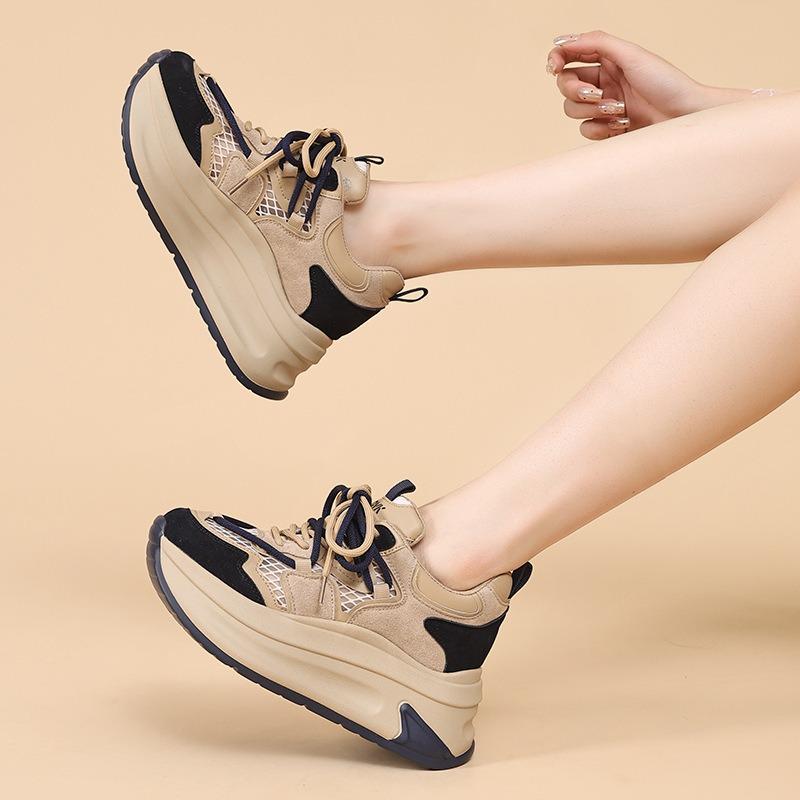 Summer new little white shoes thick-soled lace-up color matching comfortable casual height increase women's shoes height increase thin breathable