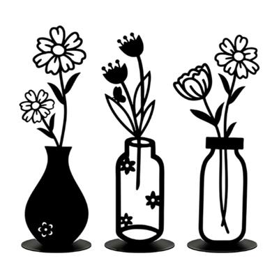 3-teiliges Line-Vasen-Set Schwarze Blumen-Eisen-Dekorationen Moderne Ästhetik Metallkunst-Statue Wandkunst Tischvase Heimdekoration