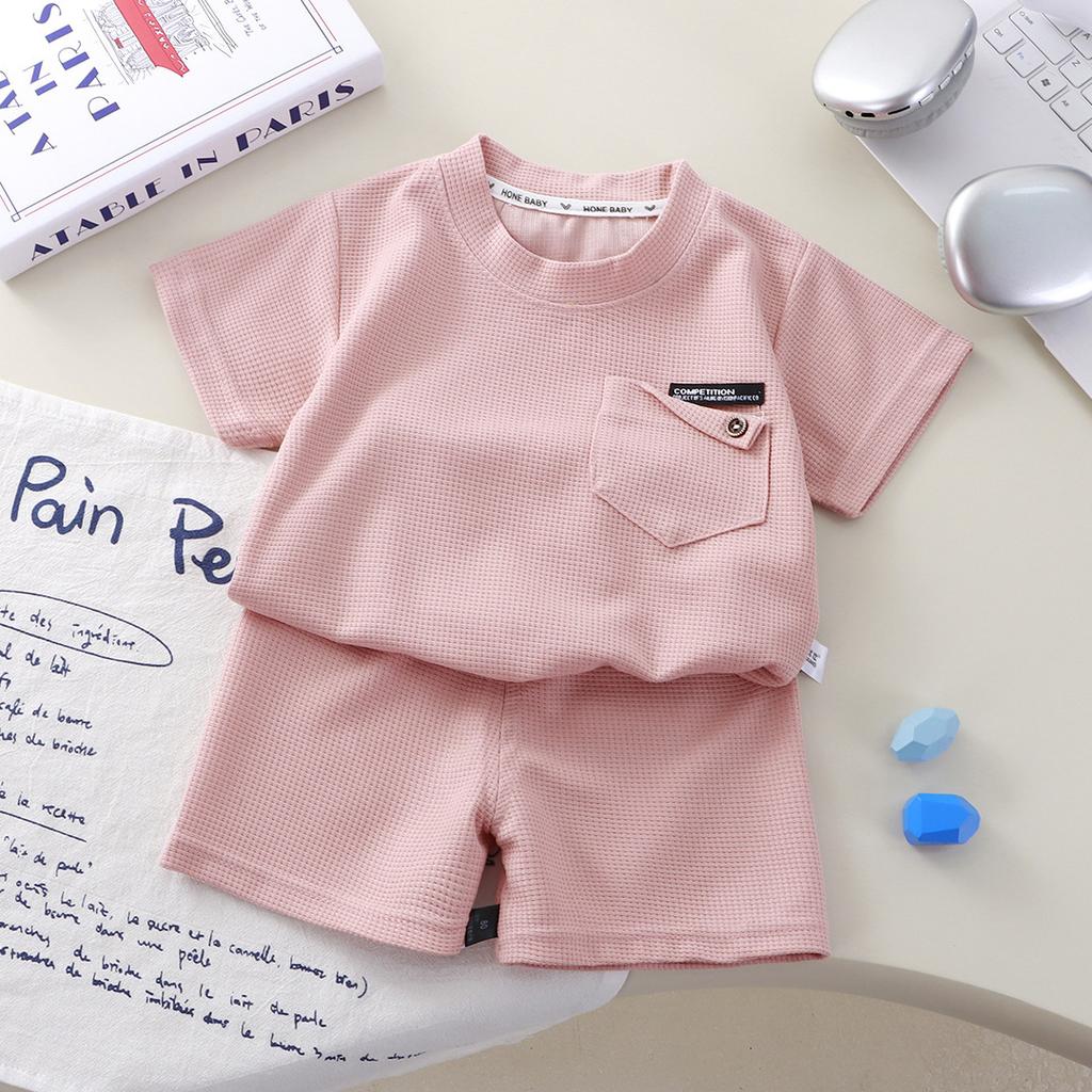 0-9 Years Children's Waffle Short-sleeved Suit Summer Casual Sportswear Boys and Girls 2pcs Clothing Set