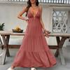 Summer New Solid Color Big Swing Deep V-Neck Holiday Style Dress European and American Beach Long Dress for Women