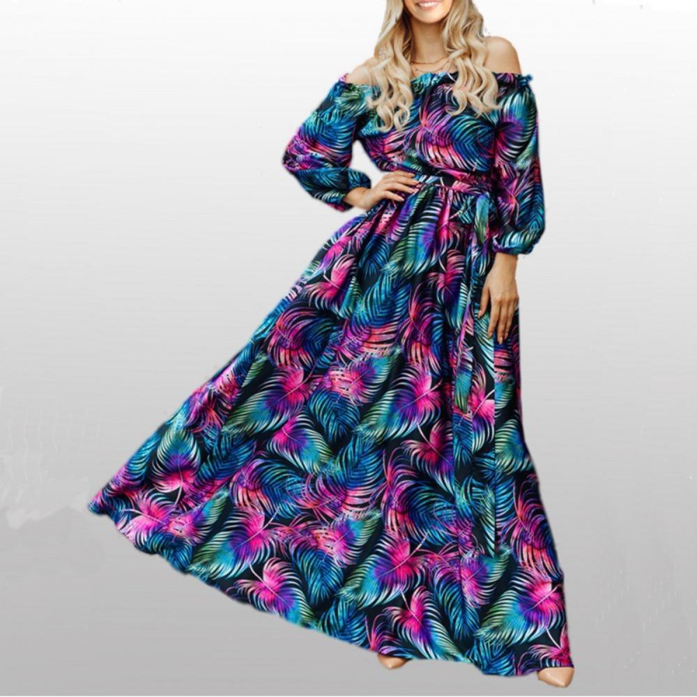 Women's Off Shoulder Long Sleeve Floral Print Loose Fit Casual Maxi Dress Party Beach Long Dress