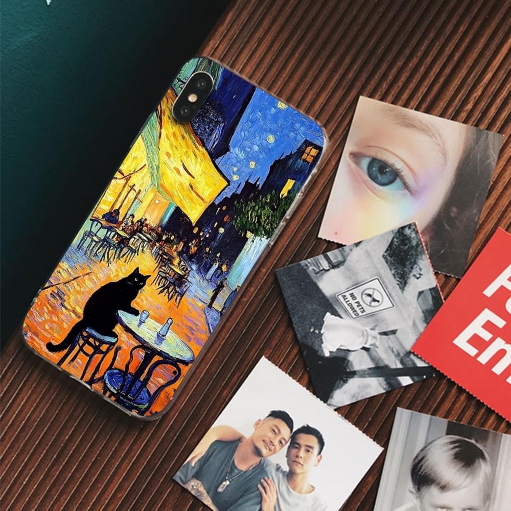 Cartoon Animal Black Cat Oil Painting Phone Case For IPhone 16 15 14 13 12 Mini 11 Pro XS Max X XR SE 6 7 8 Plus Silicone Cover