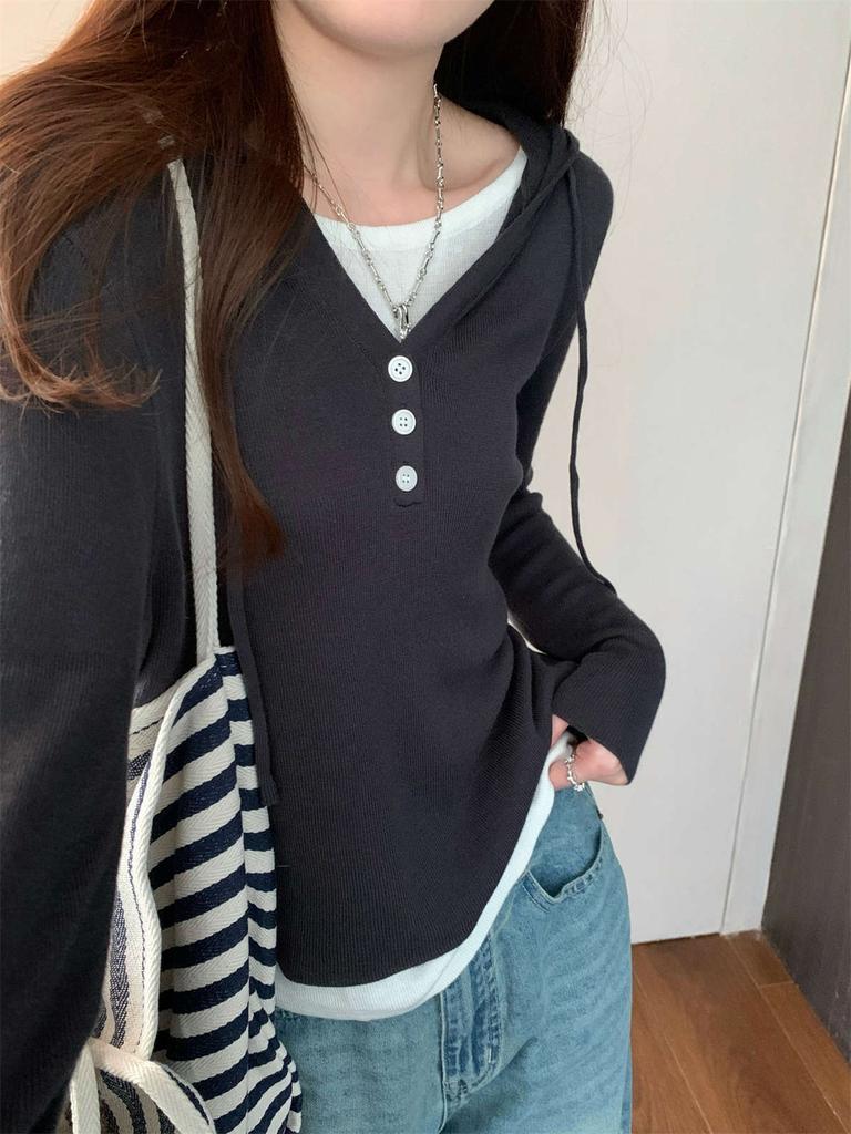 Contrasting color fake two-piece hooded knitted sweater for women's spring and autumn casual lazy outside with long-sleeved shirt top