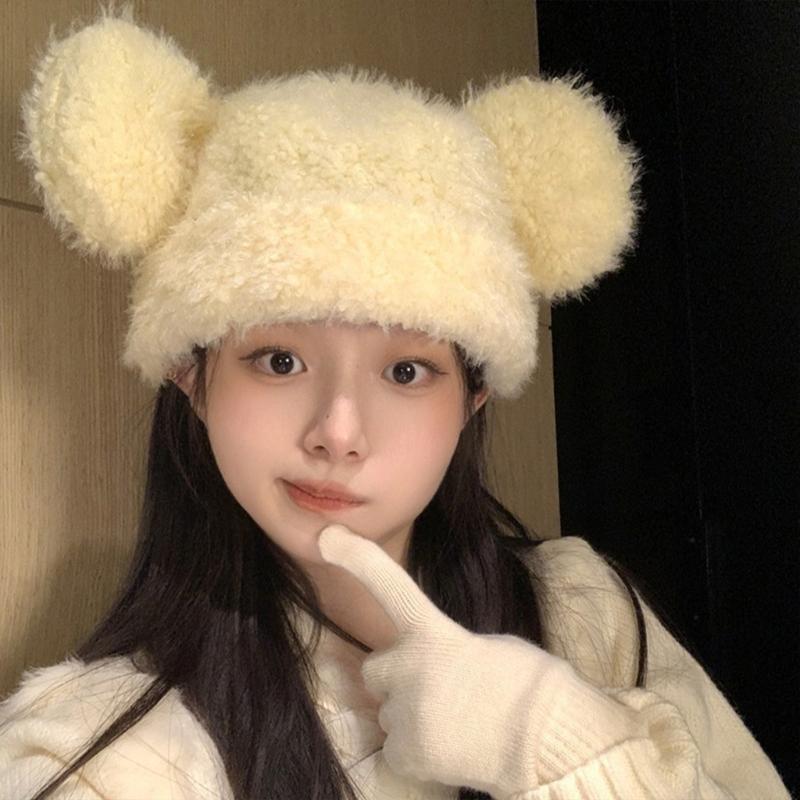 Furry Cartoon Bear Hat with Lovely Ear for Outdoor Sports Furry Hat with Ear Oversized Headgear Hat for Winter