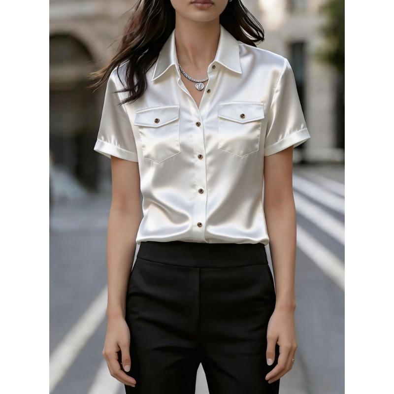 Elegant Satin Short Sleeve Shirt With Chest Pockets