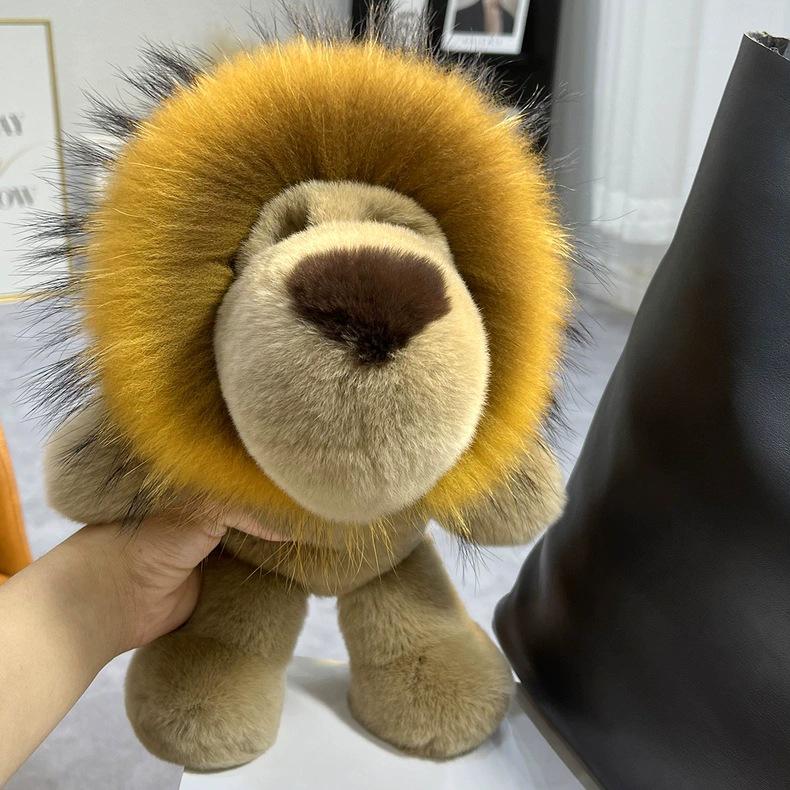 Genuine Rex Rabbit Fur Lion Plush Doll - Cute Children's Toy and Hanging Ornament