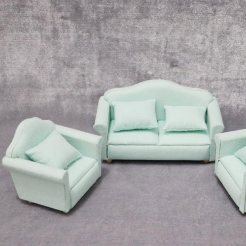 Living Room Sofa Set 1/12 Scale Wooden Base Cloth Covered Mini Furniture for Doll House Accessories and Collectibles