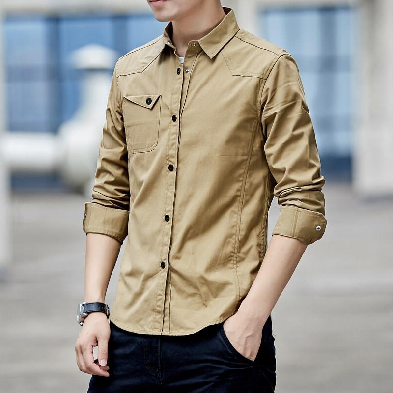 Men's Olive Green Long Sleeve Cargo Shirt, Casual Button Down Top with Chest Pocket for Daily Wear