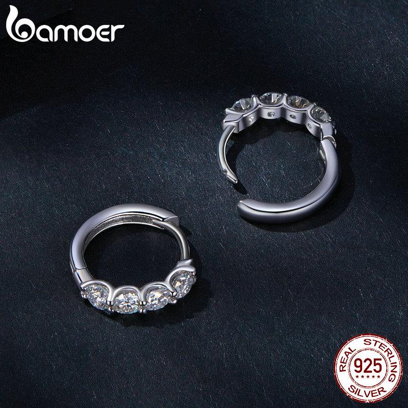 BAMOER 925 Sterling Silver Classical Round Moissanite Ear Buckles Clear Lab Diamond Engagement & Wedding Jewelry Gift for Women