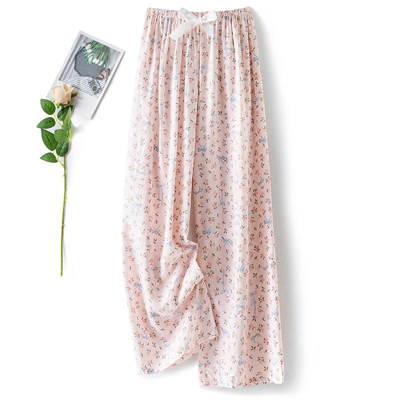 Pantaloni de pijama din bumbac mătase pentru femei, secțiune subțire de vară, anti-țânțari, pantaloni cu picior lat, culoare uni, pentru exterior, casă, petrecere a timpului liber, imprimeu, pantaloni de plajă până la genunchi
