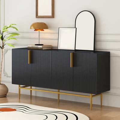 Spacious Countertop Kitchen Sideboard with 4 Doors Golden Grip Metal Stand Lines Texture Coffee Bar Storage Cabinet Dining Room Furniture