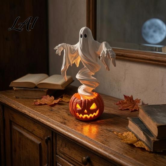 Halloween Ghost Pumpkin Decor Swirling Yard Lamp Lighted Spooky Statue Warm LED Outdoor Collectible Haunted House Ornament Decor Fall Autumn Garden