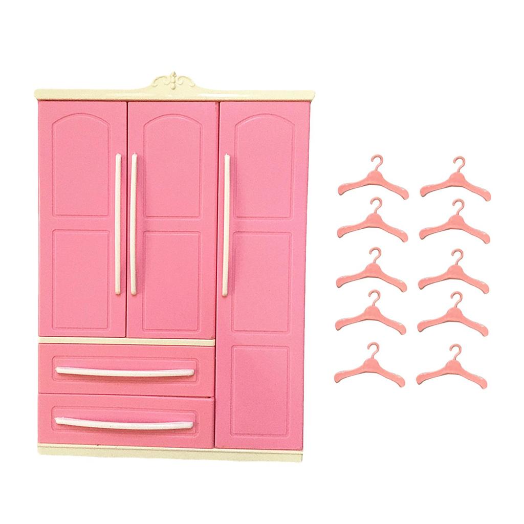 Pink Doll Wardrobe Storage Cabinet Scenery Play House Furniture with 10 Clothes Hangers Accessories