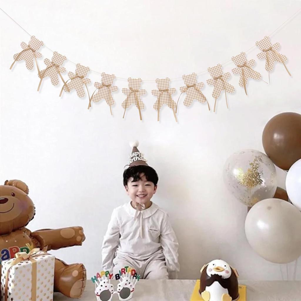 1set Cartoon Grid Bear Paper Banner Burlap with Bow Wall Hanging Garland for Kids Birthday Baby Shower Party Background Decor