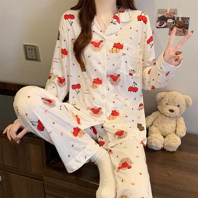 Frühlings-Imitationsbaumwoll-Pyjama Damen Cardigan Tupfen niedlich neu niedlich Haustier Langarm bequem Loungewear-Set