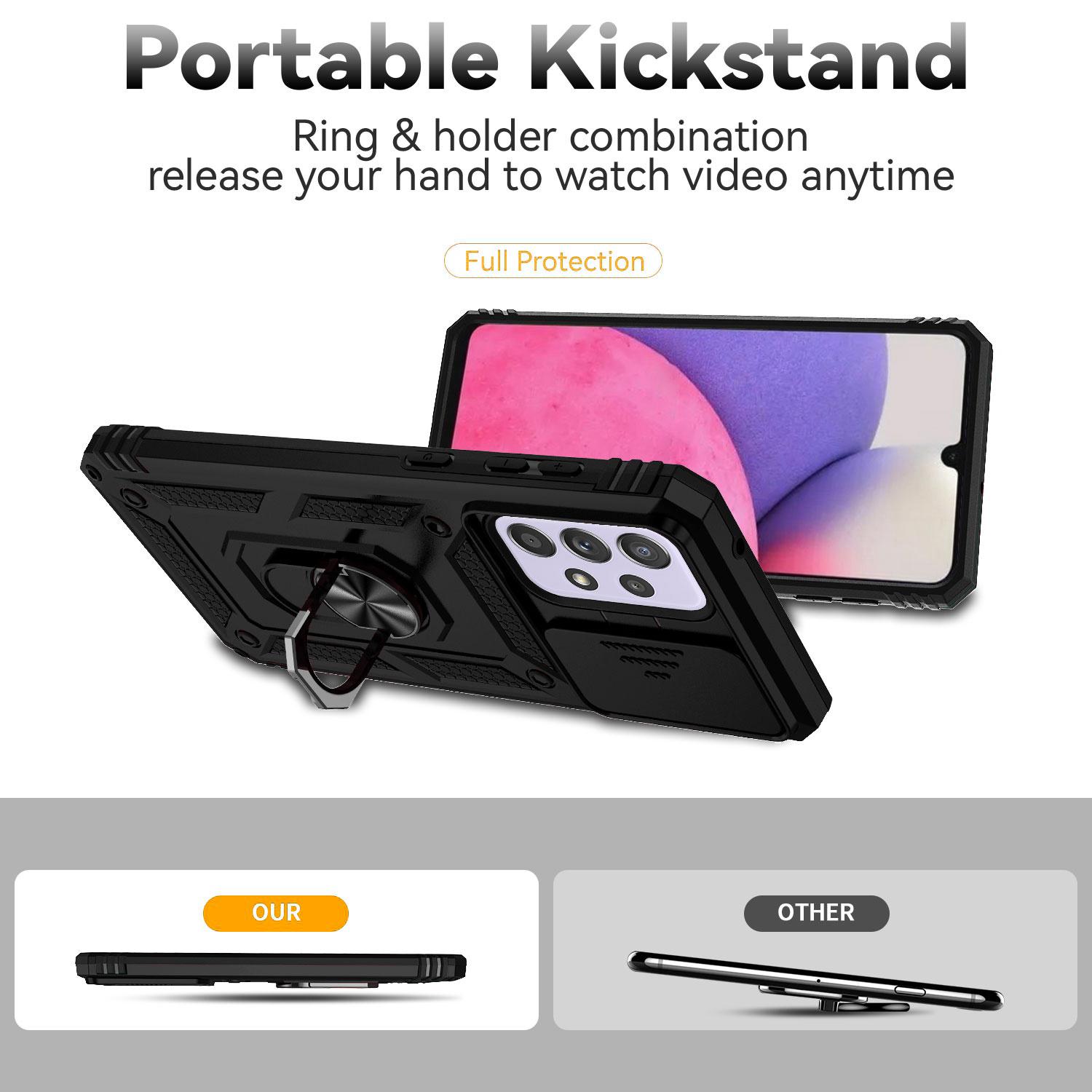 

For Samsung Galaxy A33 5G Slide Camera Cover Hard PC+Soft TPU Phone Case with Ring Kickstand Blue