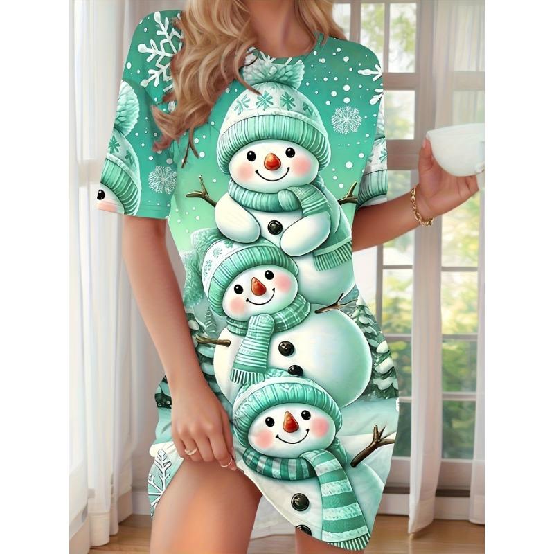 Western Women'S Fashion Novelty Ice And Snow World Green Snowman Stacking Game Print Pajamas.