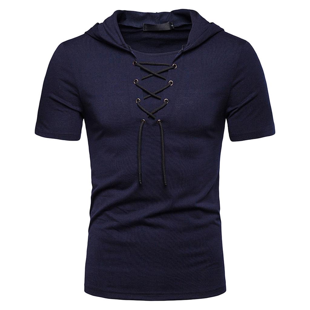 Summer Fashion Men's Casual Loose Hooded Binding Short Sleeve Top Blouse
