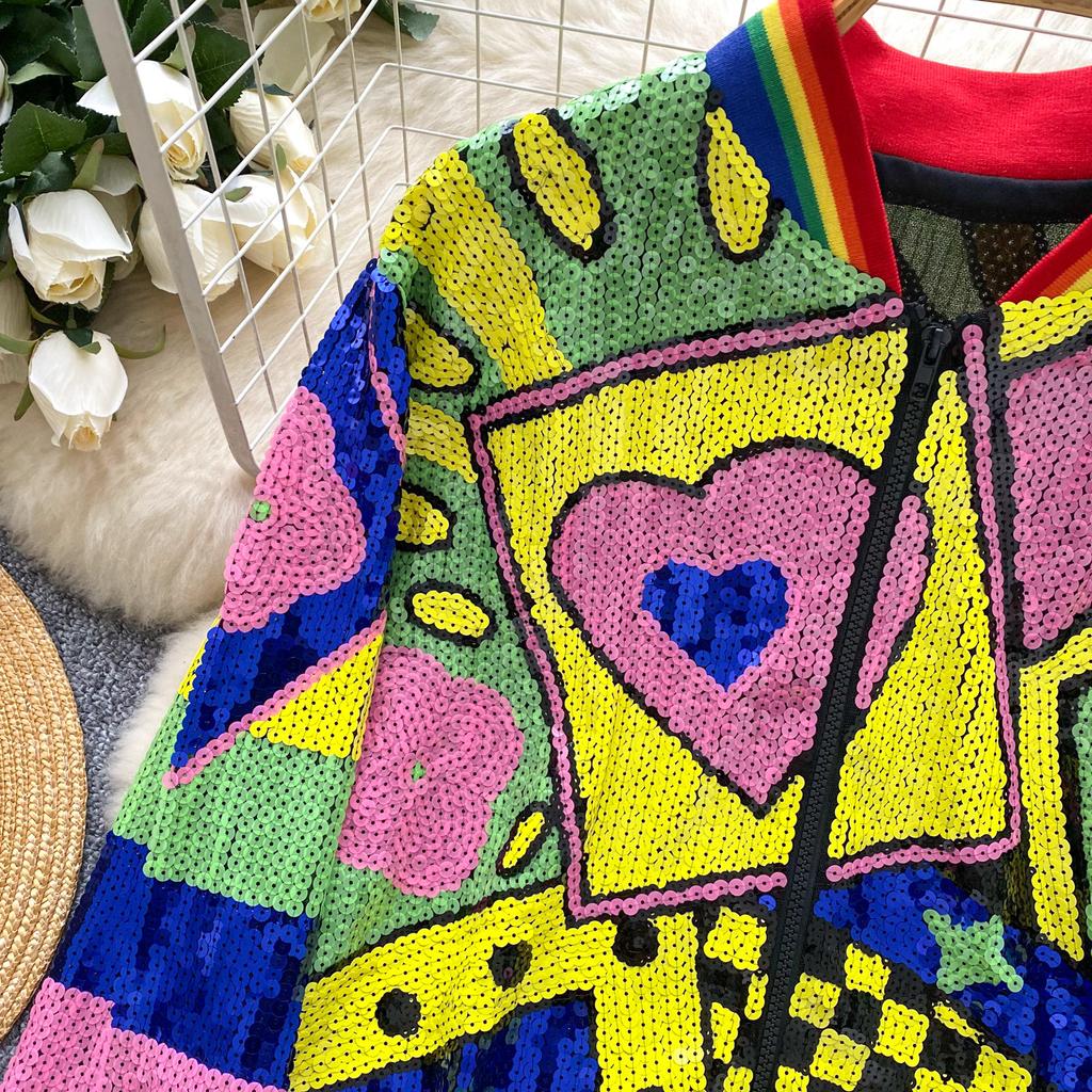 Vintage Long-sleeved Coat Women's Autumn Heavy Industry Irregular Sequins Design Street Nightclub Hot Girl Top Tide