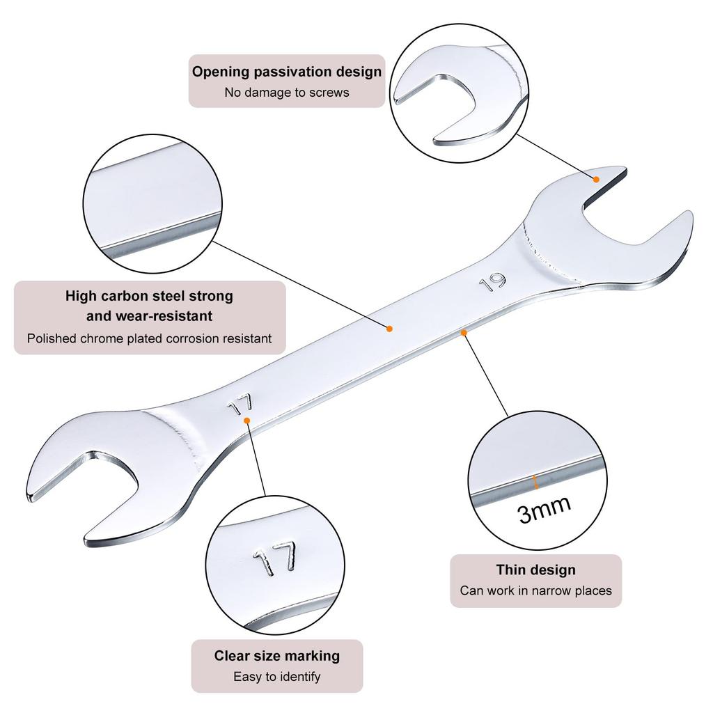 Uxcell 17mm X 19mm Metric Thin Chrome Plated Mirror High Carbon for Home Machine Pack of 4 Open-End Wrench, Finish, Polished, Steel, Repair,