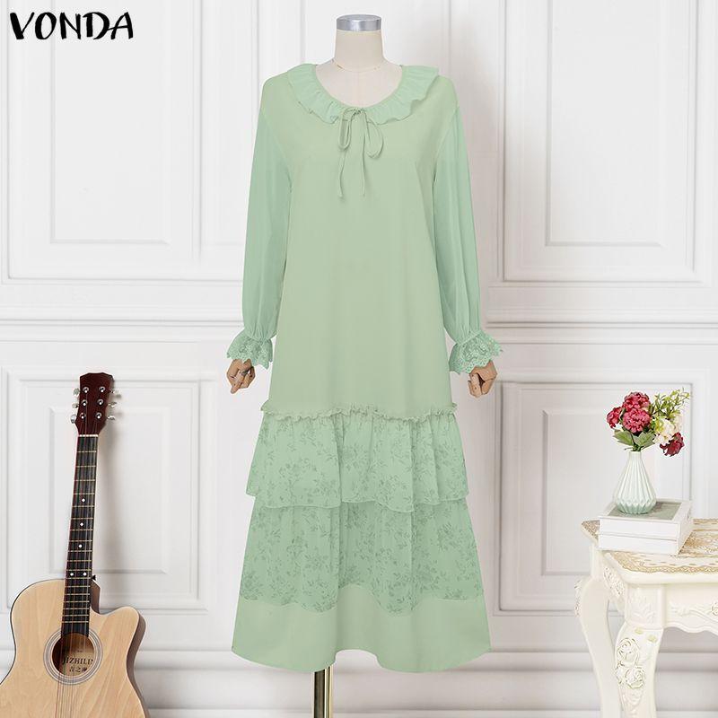 VONDA Summer Women Round Neck Long Sleeve Floral Patchwork Pleated Long Dress
