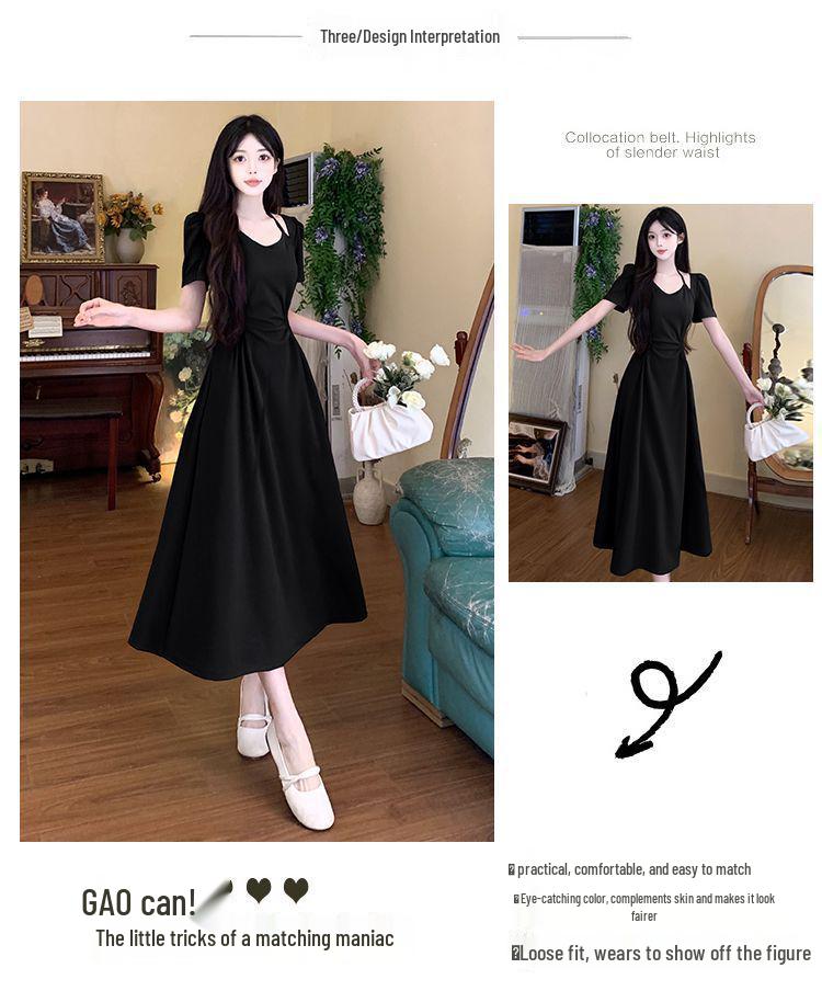 Elegant French Summer Plus Size Slimming Dress - Two-Piece Design with Waist-Cinched Long Skirt