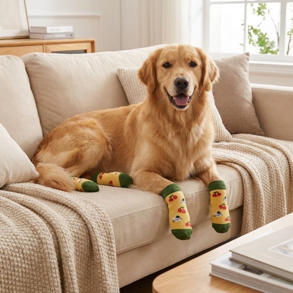 4 Stück schmutzabweisende Hundeschuhe, verschleißfeste Haustier-Bodensocken, niedlicher Hundepfoten-Schutz, Zuhause