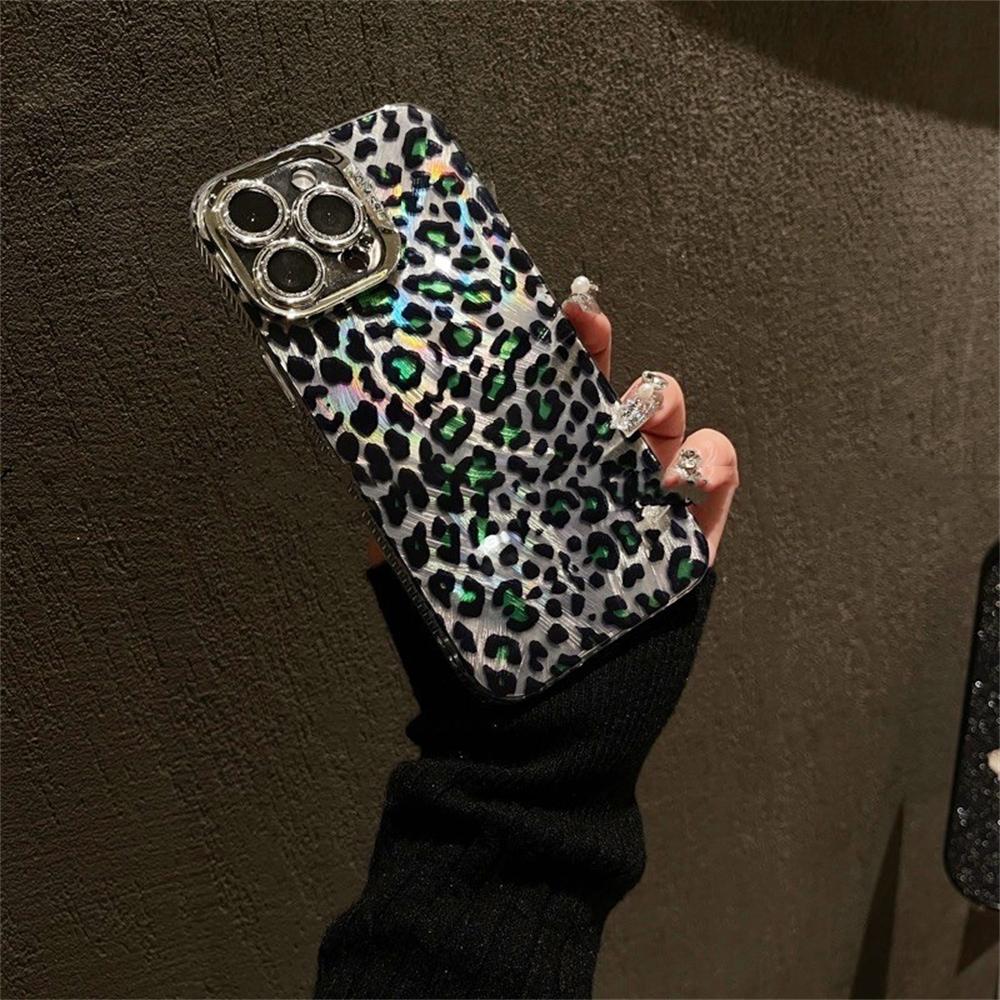 Luxuriöse Handyhülle mit Laser-Strahlen und Glitzer-Leoparden-Print für iPhone 15 14 13 12 11 Pro Max Plus, Glitzer-Diamant-Objektiv, weiche Hülle