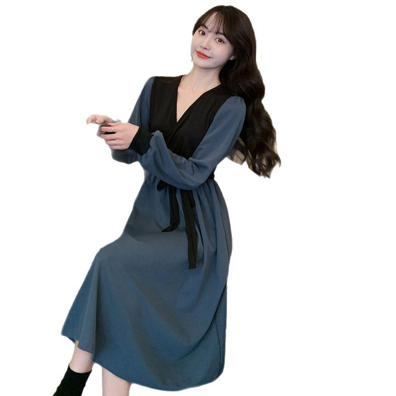 2026 Autumn Korean Style Elegant Waist-cinching Slim Fit French Retro Patchwork Midi Dress