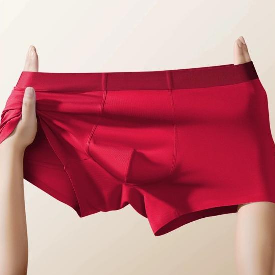 Men Boxer Underwear Mid-rise Elastic Waist Modal Fabric U-Convex Shorts Briefs Solid Color Red Luck Slim Fit Panties