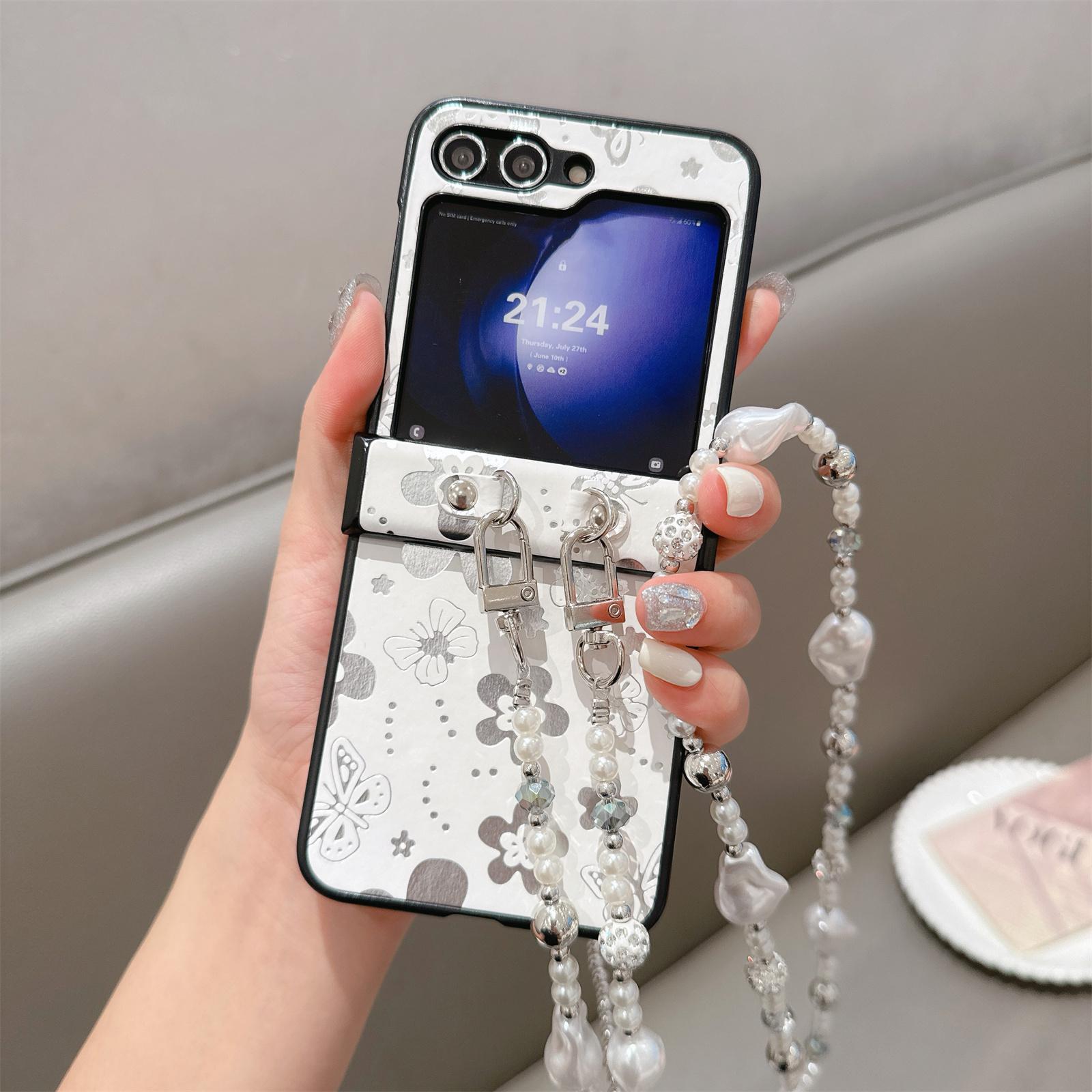 

For Samsung Galaxy Z Flip7 FE 5G/Z Flip6 5G Case Butterfly Pattern Leather+PC Phone Cover with Crossbody Beaded Strap A