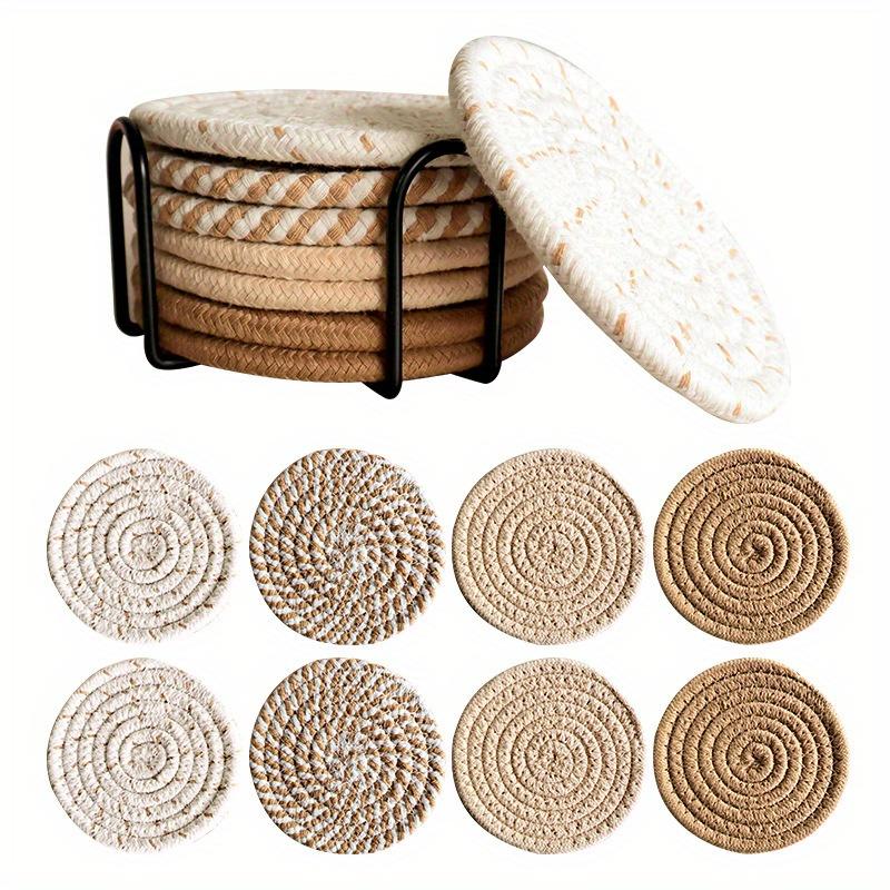 Stylish Woven Drink Coasters with Holder Set, 8Pcs Absorbent Coasters for Home Decoration