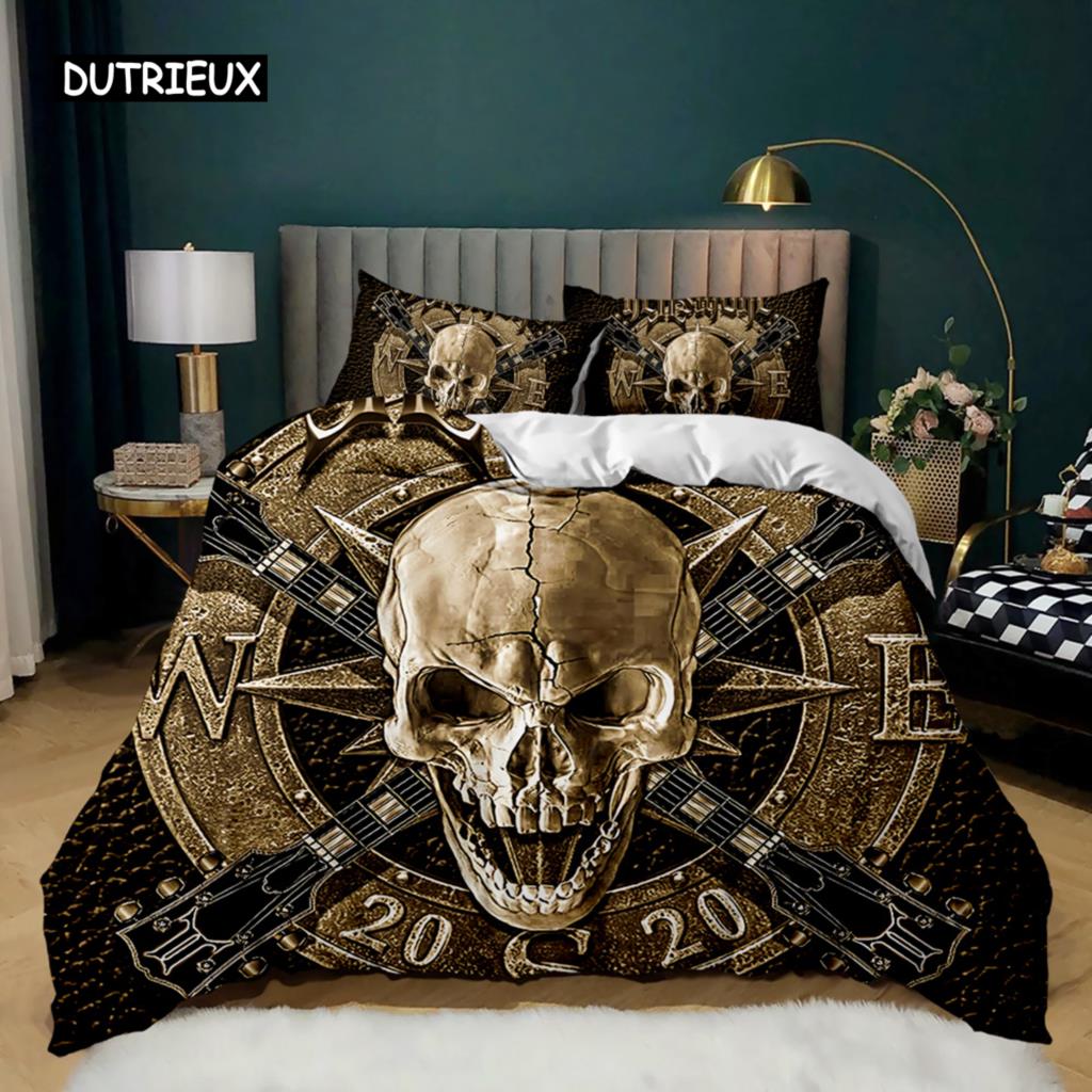 Skull Duvet Cover Set Horrible Skeleton Bedding Set Bedclothes Halloween Gothic Horror Polyester Quilt Cover Double Queen King