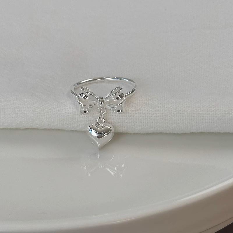 Chic Adjustable S925 Silver Heart Ring With Bow Design For Women Ideal For Everyday Wear