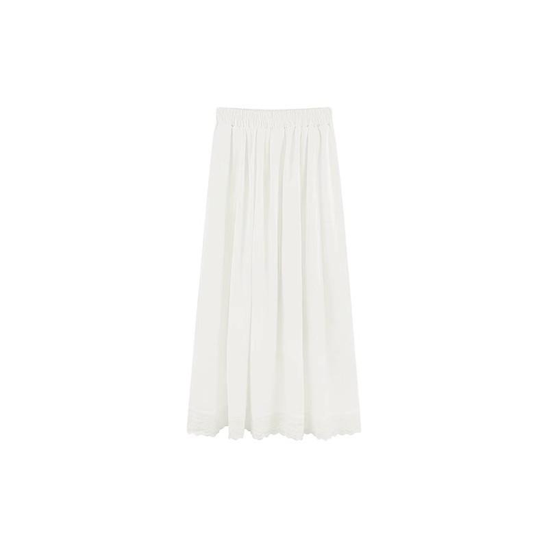 High Waist White Lace Trim Midi Skirt - Plus Size Gentle Style A-line for Women