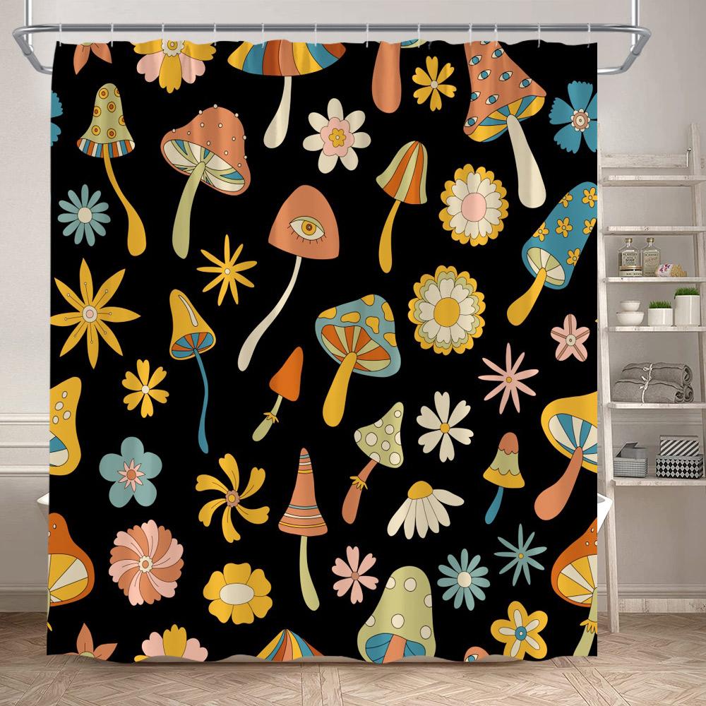Rustic Mushroom Shower Curtain Floral Plant Leaves Moth Dragonfly Black Bathroom Curtains Polyester Fabric Home Decor with Hooks