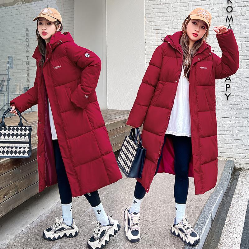 Women's Winter Mid-length Cotton-padded Jacket with Hood and Knee-length Loose Fit